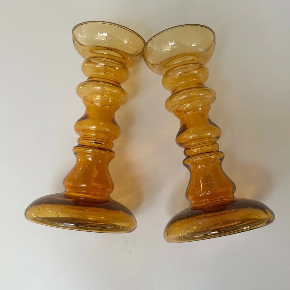 Two Amber Glass Candle Holders for Pillar Candles Handblown Vintage